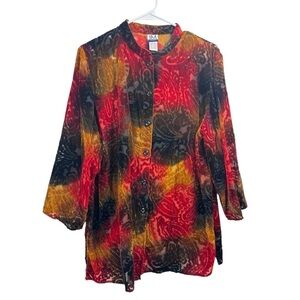 Vintage JM Collection Size 1X Rayon Velvet Burnout Button Front Artsy Top